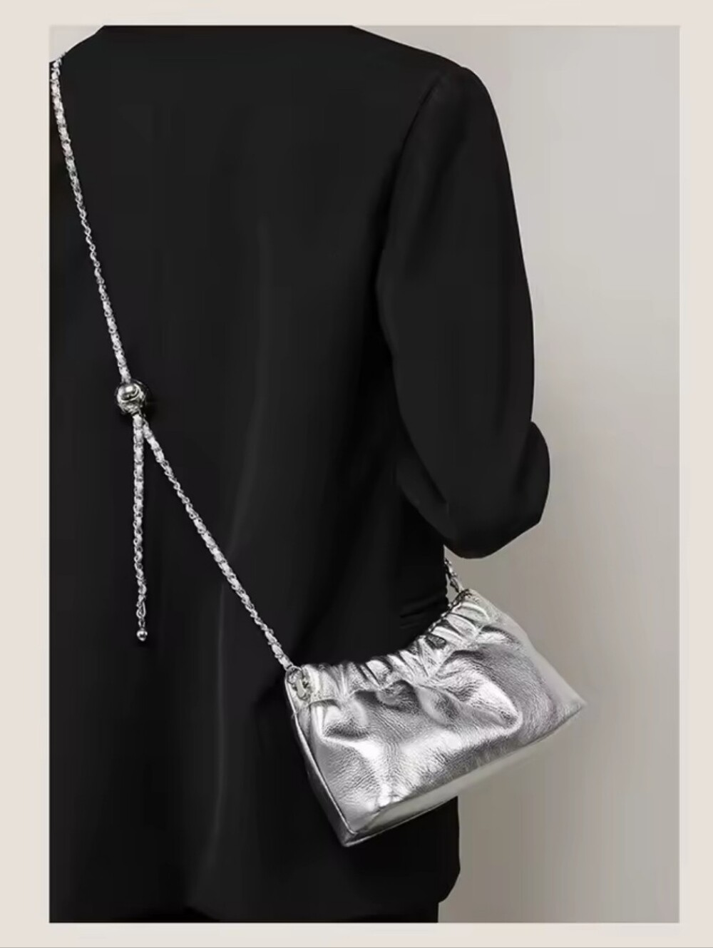 Genuine Leather Silver Metallic Chain-Handle Shoulder Bag - Picture 2 of 14